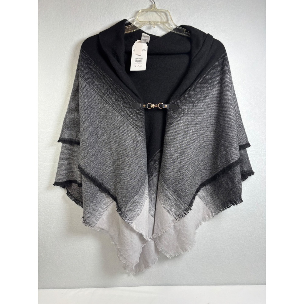 Time and Tru Poncho Women SM Black Grey Polyester Toggle Wrap Fringe Preppy New
